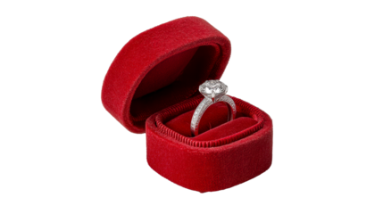 Elegant diamond ring presented in a red velvet box