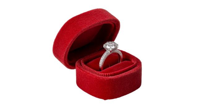 Elegant diamond ring presented in a red velvet box