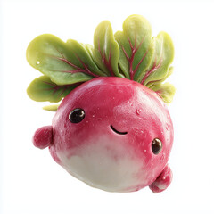 Stylized 3D radish with vibrant leaves and glossy texture. Cute and whimsical vegetable character on white background