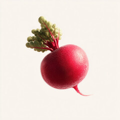 Stylized 3D radish with vibrant leaves and glossy texture. Cute and whimsical vegetable character on white background