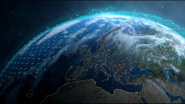 Global Connection: A digital web encompasses the earth, a photorealistic depiction of our interconnected world.