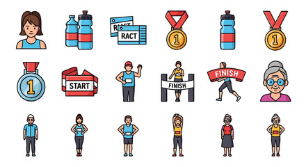 Vector Icons Set of Colorful cartoon icon set for marathon and running events featuring diverse runners medals and race equipment. EPS Editable
