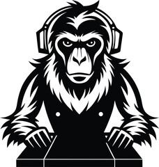 Fototapeta premium Baboon D J wearing headphones and mixing music silhouette