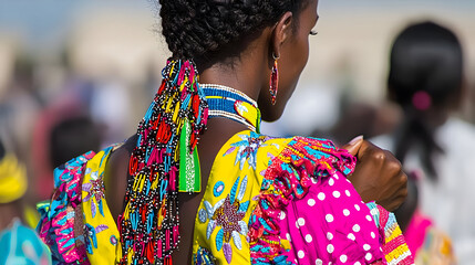 Close-up of a woman's back and side view.  Vibrant, patterned yellow dress with pink polka dots and colorful beaded hair adornment.  Traditional African attire