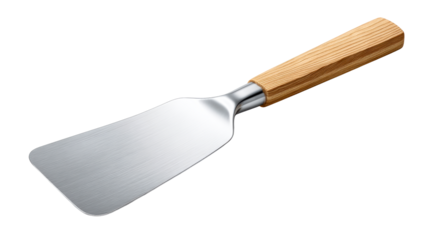 Stainless steel spatula with wooden handle on transparent background