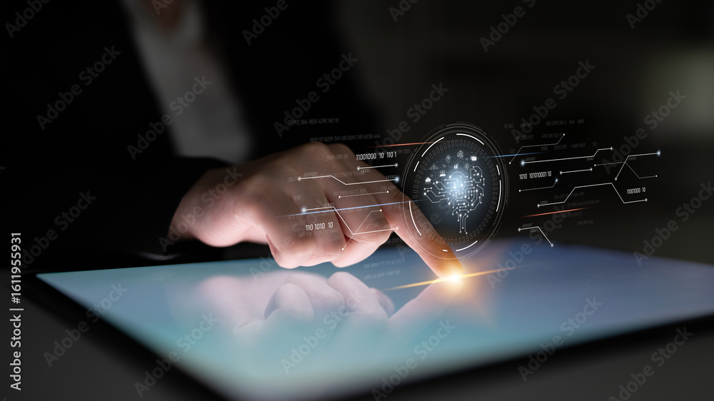 Poster ai artificial intelligence with digital brain and connected data circuit. ai core processes data, ai