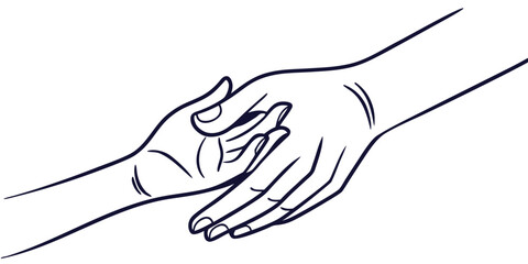 Minimalist one line art drawing of two hands gently holding each other symbolizing connection unity and affection isolated on a clean white background for versatile design use
