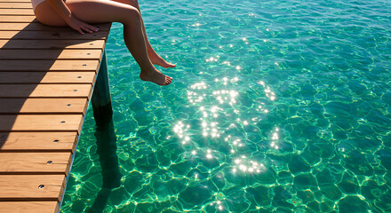 Summer relaxation: Legs dangling over sparkling turquoise water from a wooden pier