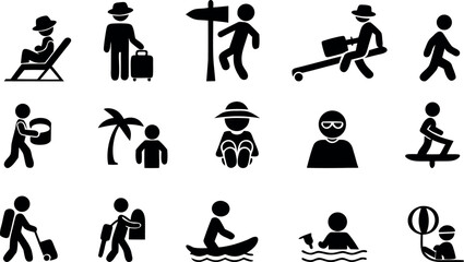 Collection of Summer Vacation Pictograms Featuring Tourists and Beach Activities