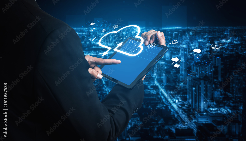 Poster cloud computing enables digital growth with secure data storage, scalable infrastructure, and strate