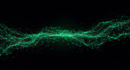 Abstract digital data wave with glowing green particles. Futuristic network connection background.
