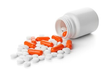 Orange and white pills spilling from a bottle isolated on white background