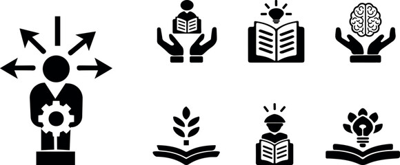 Naklejka premium Creative Pictograms Featuring Business Decisions, Learning, and Knowledge Transfer