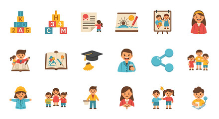 Fototapeta premium Vector Icons Set of Colorful flat icon set of childhood education family life and learning activities Vector illustrations of children teachers and school symbols. EPS Editable