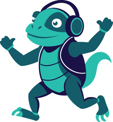 Fototapeta premium A cartoon lizard wearing headphones and a backpack joyfully running with its arms raised in a celebratory pose