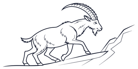 Majestic mountain goat depicted in a clean solid line art vector illustration showcasing its powerful silhouette and natural habitat in a monochrome design