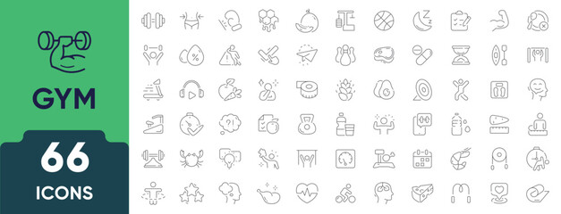 Gym and Fitness Line Icon Set. Set of 66 outline icons featuring workout, exercise equipment, bodybuilding, cardio, training, sports, and healthy lifestyle. Editable stroke. Linear vector illustration