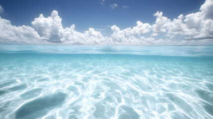 Clear turquoise water meets a vibrant sky with puffy white clouds. Sunlight shimmers on the surface and subtly penetrates the water's depths