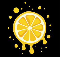 Vector design
with sliced lemon, fruit juice
splashes and drops isolated 
on black background. Fashionable print for paper, 
t-shirt, fruit juice, ice cream, mandarine yogurt,
lemonade, food packaging