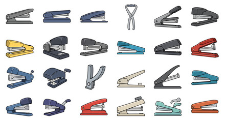 Vector Icons Set of Diverse collection of colorful staplers and staple removers in a cartoon illustration style. EPS Editable