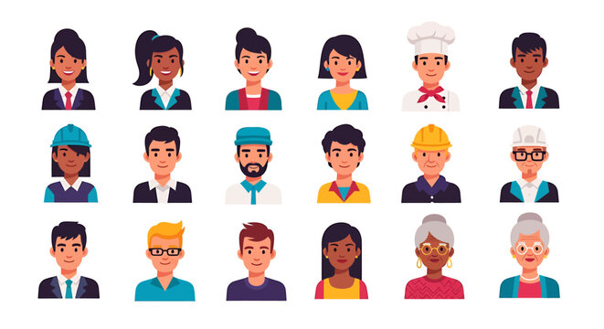 Vector Icons Set of Diverse group of smiling people avatars including professionals workers and seniors in a flat vector illustration style. EPS Editable