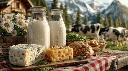 Advertising-style image of fresh milk and cheese with cows grazing in a field. Natural light, rural background, and healthy food concept