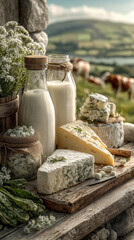 Advertising-style image of fresh milk and cheese with cows grazing in a field. Natural light, rural background, and healthy food concept