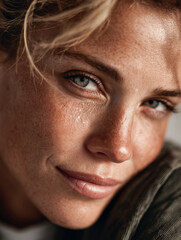 Extreme close-up of a woman with green eyes and freckles in warm light. Natural beauty and emotion in detail