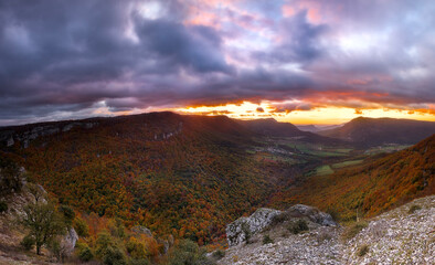 Intense autumn sunrise from the Balcon de Pilatos in the Urbasa mountain range, Navarra
