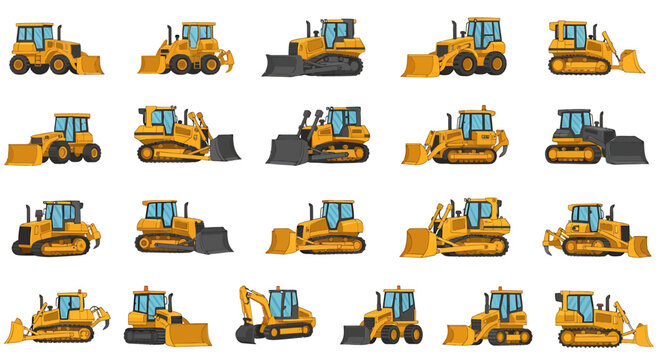 Vector Icons Set of Illustrated set of yellow heavy machinery featuring various bulldozers crawlers and wheel loaders in cartoon style. EPS Editable