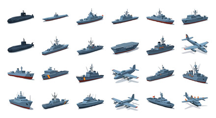 Vector Icons Set of Isometric set of military naval vehicles warships submarines and aircraft. EPS Editable