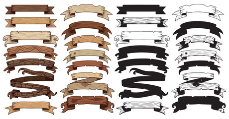 Collection of vintage and rustic decorative banners and ribbons with aged textures and distressed edges in various styles and colors