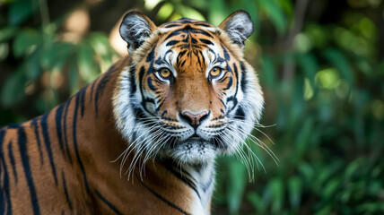 Fototapeta premium A close-up portrait photograph of a majestic Sumatran tiger in sharp detail