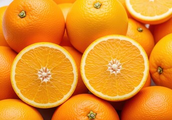 A vibrant display of fresh oranges, some cut in half to reveal their juicy interior