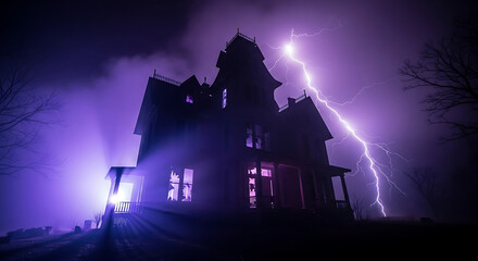 Silhouette of a large house with lightning strikes in a dark and stormy purple sky at night time ai generated