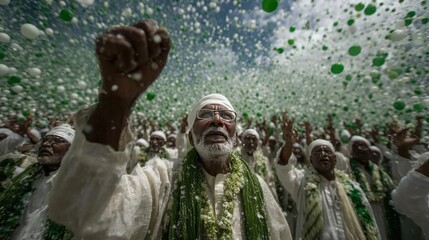 Celebration of unity and freedom with green and white patriotic theme