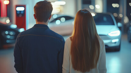 Couple standing in showroom looking at white electric car, back view, under bright modern lighting, symbolizing choice, sustainability and future transportation.