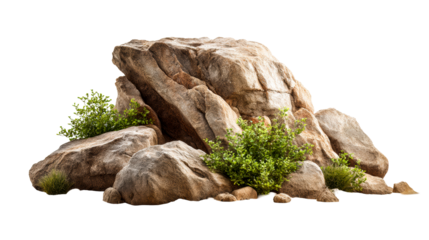 Large natural rock formation surrounded by small green plants