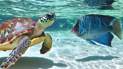 Obraz premium Sea turtle and angelfish underwater. A sea turtle and angelfish swim close together in shallow, clear water over sandy bottom