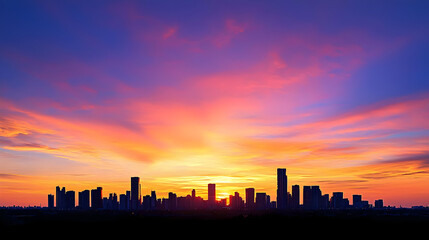 City skyline silhouettes at vibrant sunset.  Silhouetted buildings against a fiery orange and purple sky.  Warm sunset light illuminates the clouds