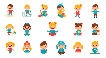 Fototapeta premium Vector Icons Set of cute cartoon children characters Happy boys and girls playing reading and showing various emotions Vector illustration. EPS Editable
