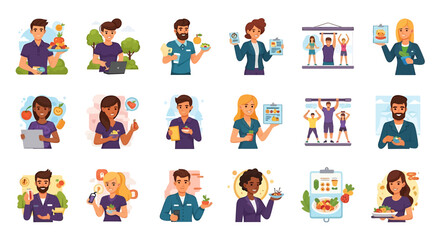 Vector Icons Set of diverse cartoon characters illustrating healthy lifestyle nutrition and fitness concepts. EPS Editable