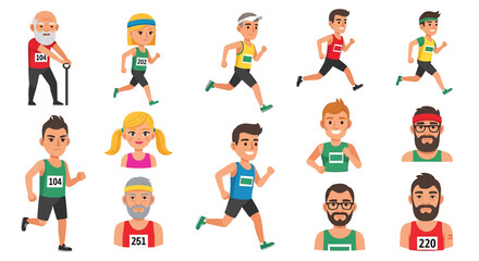 Fototapeta premium Vector Icons Set of diverse cartoon marathon runners including men women and seniors in sportswear with race bibs showing various expressions. EPS Editable