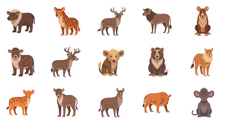 Vector Icons Set of fifteen cartoon wild animal characters A diverse collection of mammals including deer felines and bears illustrated in a clean modern style. EPS Editable