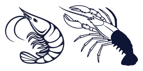Clean and simple line art illustration of a single shrimp perfect for seafood menus culinary guides or ocean themed designs presented as a versatile graphic element