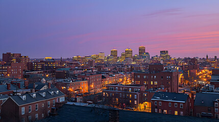 City skyline at twilight, illuminated buildings, vibrant colors