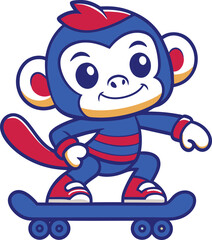 A cheerful cartoon blue monkey with red accents skillfully rides a blue skateboard showcasing a playful and energetic personality