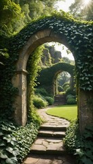 Fototapeta premium Stone Arches Overgrown With Green Ivy garden archway