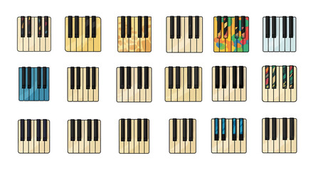 Vector Icons Set of Stylized Piano Keyboard Icon Set with Colorful and Textured Variations. EPS Editable