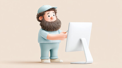 Worker, A cartoon technician repairing a computer in 3D style, perfect for tech-related projects and illustrations.